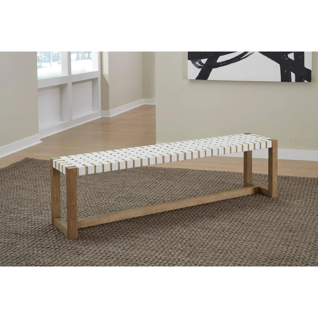Woven Leather Bench - White