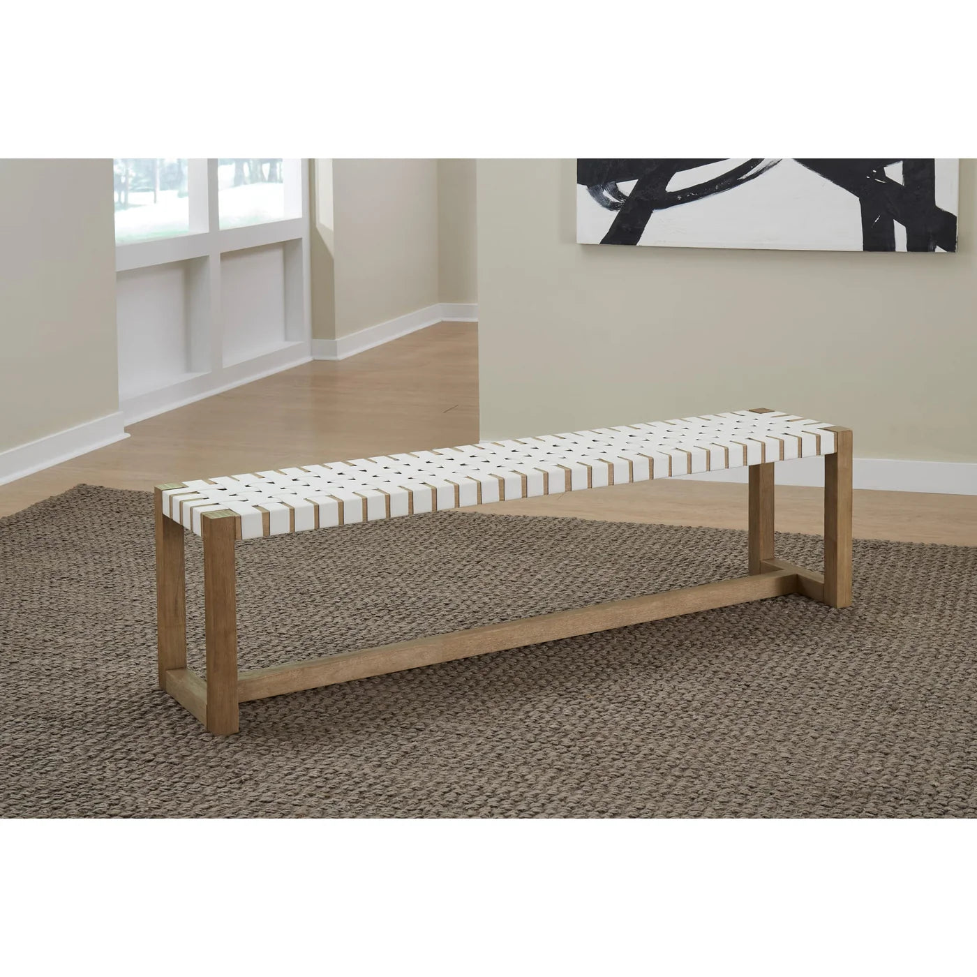 Woven Leather Bench - White